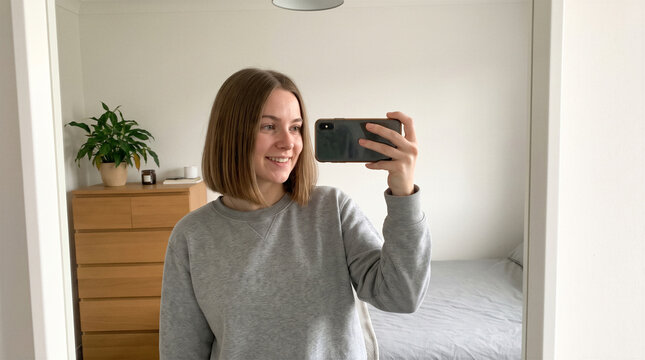 Young woman taking mirror selfie showing modern bob haircut in bedroom setting, lifestyle beauty hair care concept