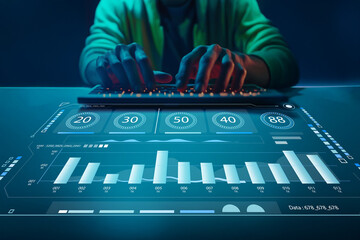 Modern Data Analysis with Futuristic User Interface and Detailed Graphs Displayed on Transparent Screen Under Dim Lighting © Jade Journal