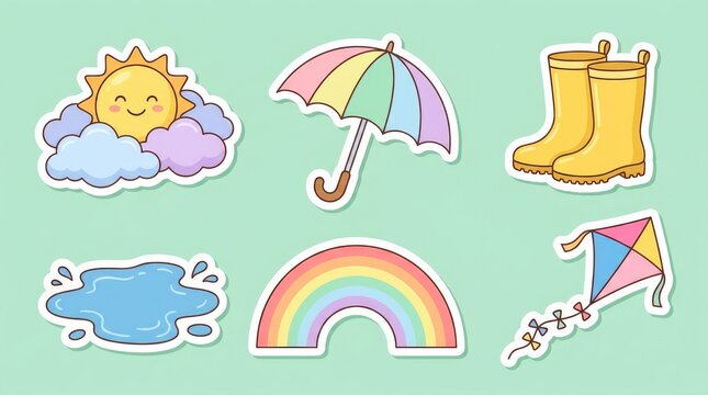 Cute Kawaii Weather Sticker Set with Rainbow Sun and Umbrella