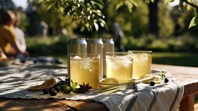 Refreshing Outdoor Picnic Scene with Friends and Drinks