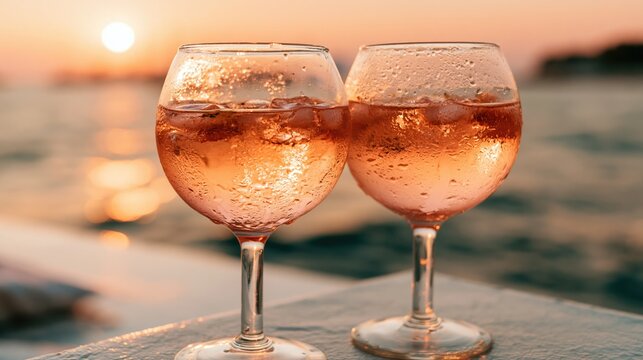 Romantic Sunset with Chilled Rose Wine Glasses