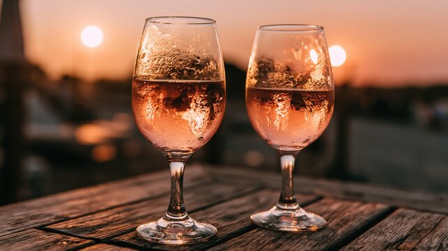 Chilled Rose Wine Glasses at Sunset with Romantic Atmosphere