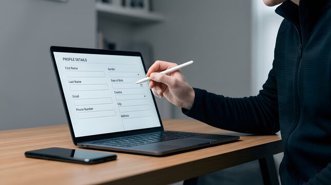 Person in dark long-sleeve shirt uses white stylus to fill out profile details form on open laptop at light wooden desk with smartphone placed nearby in modern indoor setting featuring computer