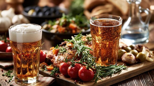 Vibrant Greek Cuisine in Engaging Angle View with Beverages