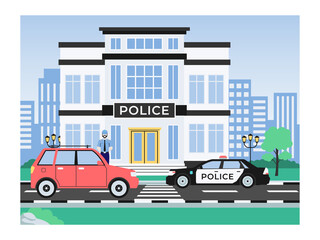 City view with police building, patrol car and a police officer. Traffic illustrations. Flat vector concepts. © roundsquid