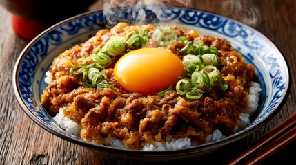 Fototapeta premium Delicious Japanese gyudon bowl with tender beef, glossy egg yolk, and fresh green onions served on fluffy rice in a beautifully patterned bowl