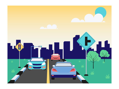 A traffic on a city road with cars traveling on a road towards a cityscape skyline. Traffic illustrations. Flat vector concepts.