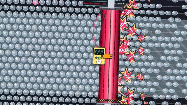 2D animation of a red roller moving over bubble wrap popping bubbles with spark effects