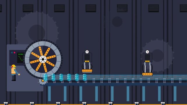 2D animation of a factory producing bubble wrap on a conveyor belt with a worker operating a control panel