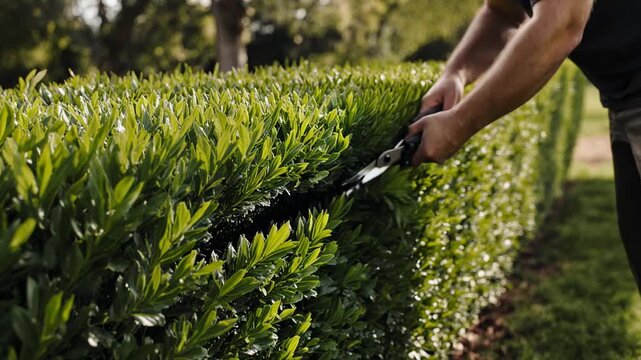 Arms trimming hedge with manual shears gardener&rsquo;s arms using manual hedge shears to shape hedge plants for outdoor garden maintenance and landscape care