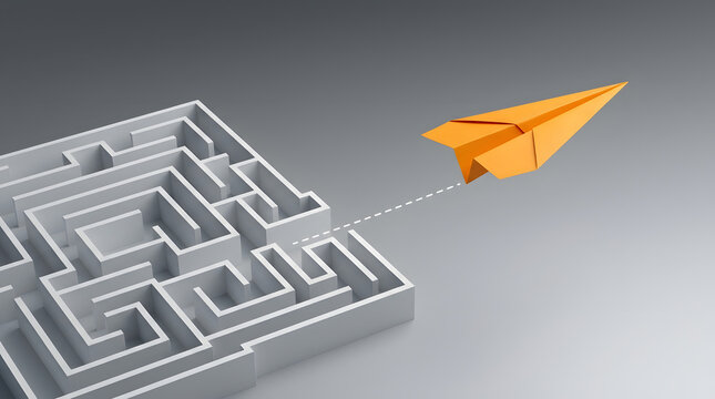 Orange paper airplane flying out of a white D maze with high walls and intricate pathways toward a smooth gray gradient background featuring labyrinth, dotted, line, escape, route and direction