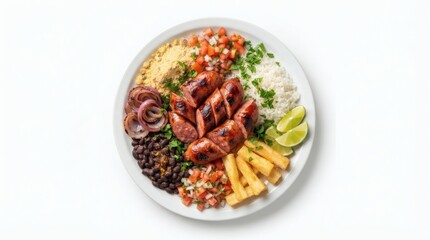 Fototapeta premium Top Down Flat Lay Brazilian Grilled Sausage White Plate Rice