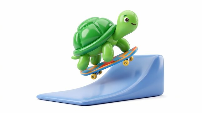 A cute green turtle balancing skillfully on a small skateboard while jumping over a blue ramp surface showing an active lifestyle for children and playful character animation for commercial