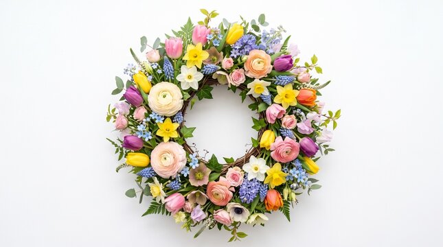 Vibrant Spring Floral Wreath with Tulips Daffodils Ranunculus and Hyacinths on White Background