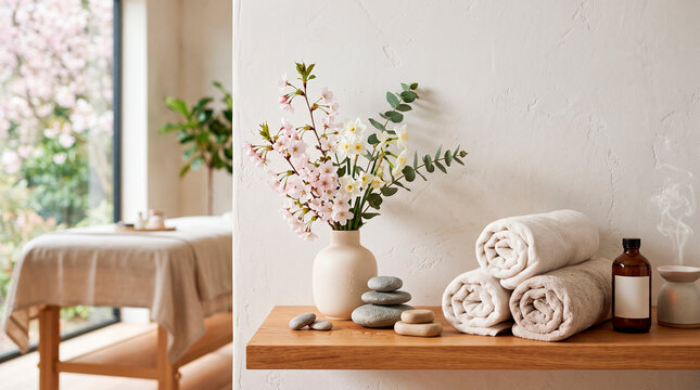 Serene spa setting with cherry blossoms, rolled towels, massage stones, and aromatherapy diffuser