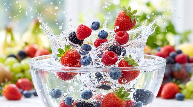 Fresh Berries Splashing into Water in a Glass Bowl with Grapes and Bananas in the Background