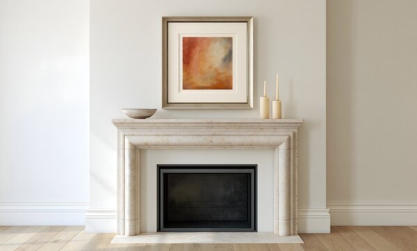 a vertical pale weathered-oak frame with a thin antique-brass inner edge and a warm ivory mat, centered above a simple plaster-white fireplace with an aged limestone mantel and dark firebox