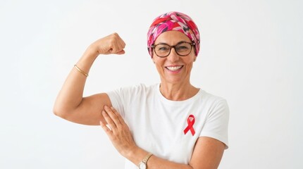 Naklejka premium Strong smiling mature female breast cancer survivor wearing pink headscarf and ribbon flexing her arm muscle to show power while standing isolated, representing health hope and female empowerment