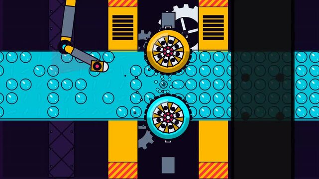 2D animation from top view of a robotic arm and spinning gears processing a sheet of blue bubble wrap on a factory assembly line