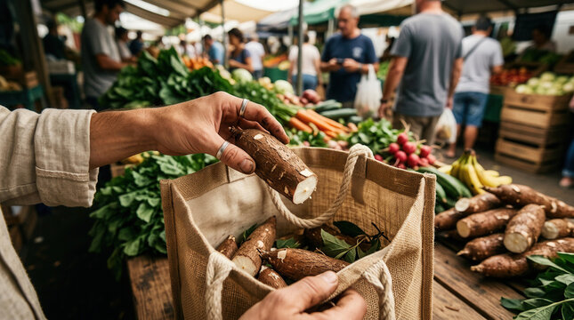 Fresh Harvest From Local Farmers Market Displaying Cassava Roots In Basket