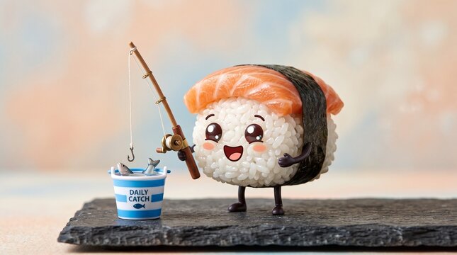 Cute sushi character fishing with a rod. Playful food mascot holding a fishing pole, whimsical food art scene.