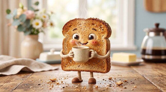 Cute teddy bear toast sipping hot coffee. Adorable breakfast scene with warm, cozy mood and playful character.