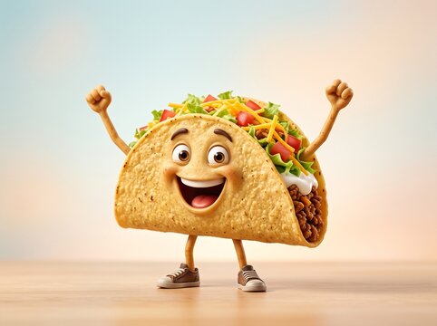 Anthropomorphic taco celebrating with raised arms. Joyful cartoon food character cheering in triumph with happy expression.