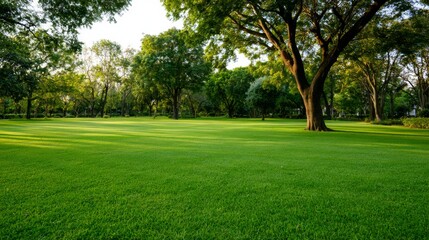 Fototapeta premium Lush Green Lawn Surrounded by Mature Trees in a Tranquil Outdoor Park Setting with Soft Morning Light and Clear Blue Sky Above