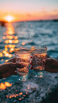 Serene Sunset with Ryukyu Glass Cups on Concrete Wall