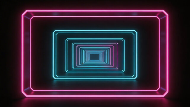 Neon light tunnel with glowing rectangles