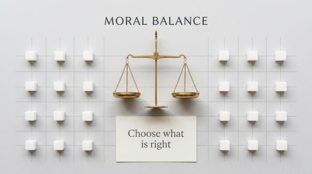 Elegant golden justice scales resting on a grey grid surrounded by white sugar cubes and a card stating choose what is right representing moral balance ethical choices and professional
