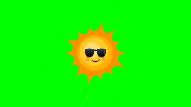 Cute Animated Cartoon Sun Wearing Sunglasses Floating with Wavy Rays Loopable Motion Graphic Isolated on Chroma Key Green Screen Background 4K