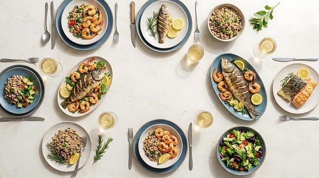A top-down view of a gourmet dinner table set for seaside dining inspiration, featuring fresh grilled fish, succulent shrimp, healthy salads, and wine.