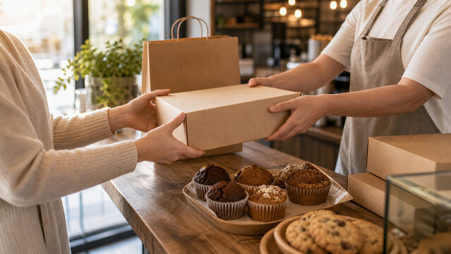 Blank pastry box handoff at warm bakery pickup counter