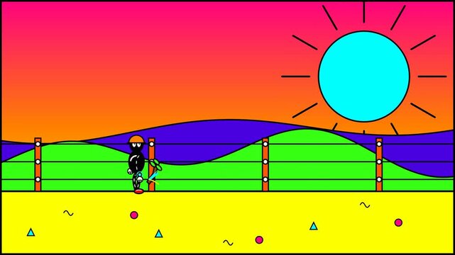 Vibrant pop art style 2D animation of a character walking along a fence in a colorful retro landscape with a bright cyan sun and sunset gradient sky