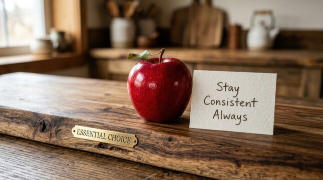 A red apple sits on a rustic wooden kitchen counter next to a handwritten note saying Stay Consistent Always and a brass plaque with Essential Choice, representing healthy habits and daily motivation.