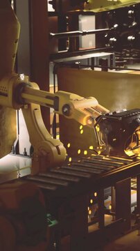 In a bustling factory, a robotic arm executes intricate movements, delicately manipulating tools and materials. Bright lights illuminate the high tech environment, showcasing innovation.