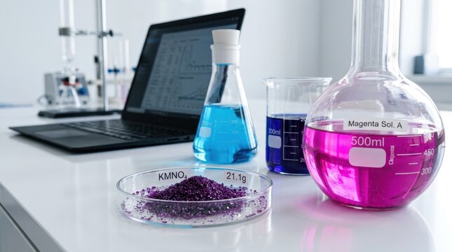 Scientific research lab equipment featuring colorful chemical solutions in 500 ml glassware plus potassium permanganate crystals and a laptop for data analysis during a 20 minute experiment