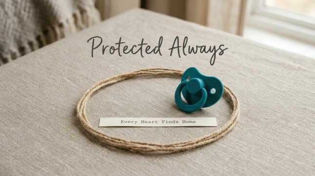 Teal silicone baby pacifier resting inside a rustic twine circle on a neutral linen fabric surface, featuring protective message overlays that evoke deep feelings of safety and comfort for infant son