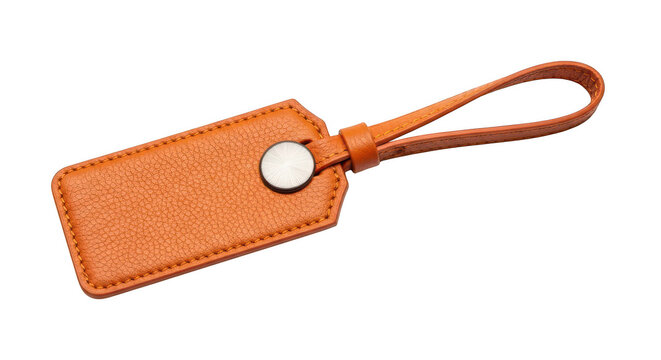 Orange leather luggage tag with strap for travel bags isolated on transparent background