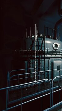 A towering structure looms in a dimly lit factory, showcasing metal surfaces and intricate details. The mood is mysterious, hinting at industry and craftsmanship in this intriguing setting.