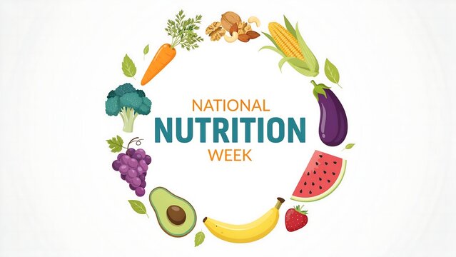 National nutrition week concept frame with fresh healthy vegetables and fruits arranged in circular border
