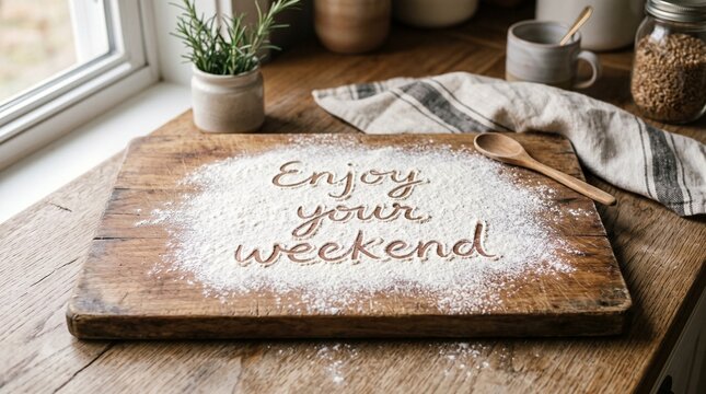 Enjoy your weekend written in flour on a wooden board. Rustic kitchen baking background.