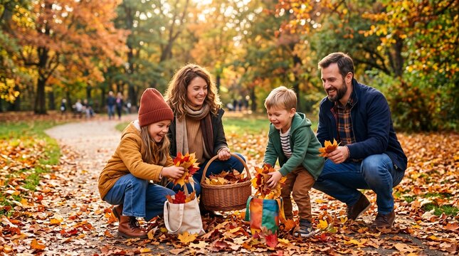 Happy family enjoying autumn park collecting colorful fallen leaves in a basket and bags