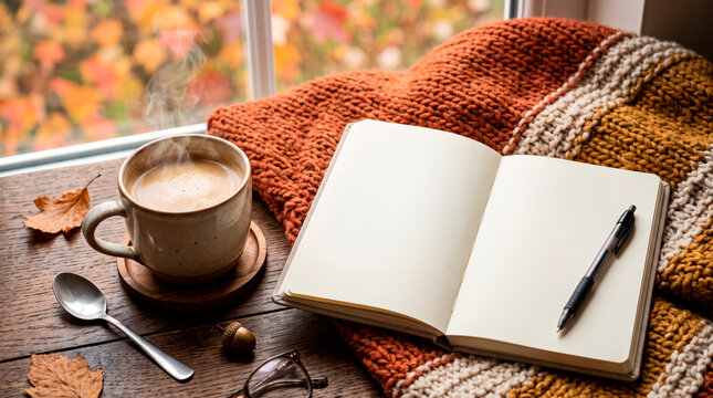 Cozy Autumn Scene With Steaming Coffee And Open Notebook By The Window