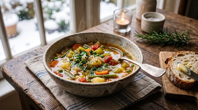 Hearty Vegetable Soup Served with Buttered Bread on a Rustic Wooden Table with a Snowy Window View