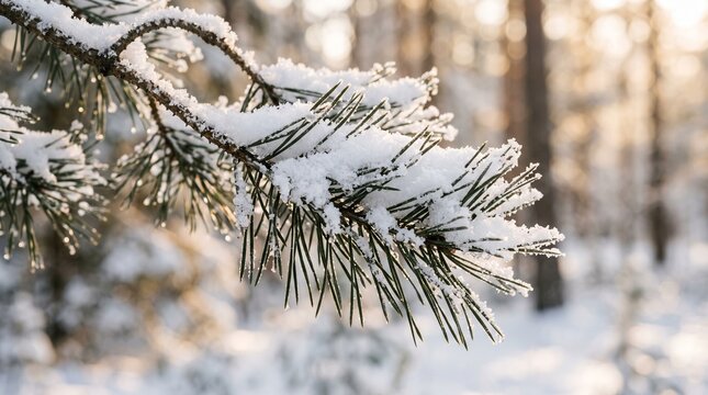 Close up of snow covered pine tree branch with soft bokeh background during winter season