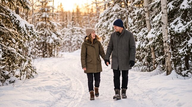 Couple Holding Hands Walking on Snowy Path in Winter Forest During Golden Hour Sunlight