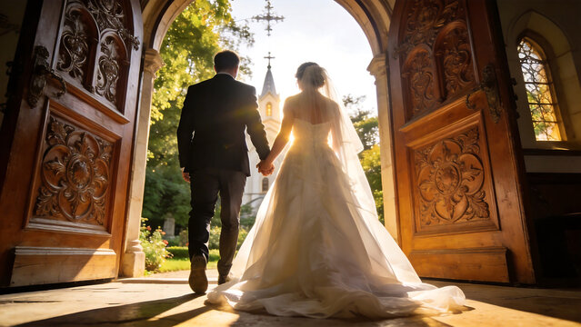 Wedding couple walking through church doors