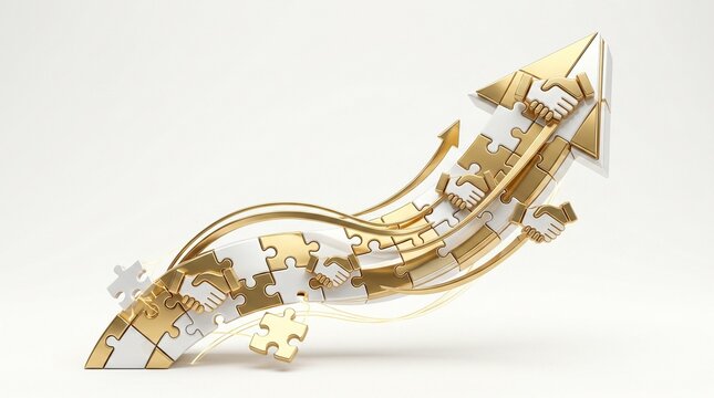 Business merger arrow made of puzzle pieces. Corporate partnership and growth concept.